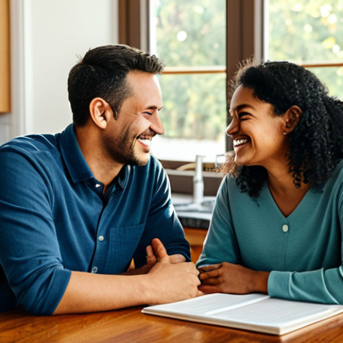 A diverse couple, fully clothed in modest, comfortable attire, sitting at a kitchen table in a warm, inviting home. They are engaged in a calm, positive conversation, making eye contact and smiling gently. One partner is speaking with an appreciative expression, while the other is actively listening, nodding slightly. The scene emphasizes mutual respect and understanding. Soft morning light streams through a window. safe for work, appropriate content, fully clothed, family-friendly, perfect anatomy, correct proportions, natural pose, well-formed hands, proper finger count, natural body proportions, professional photography, high quality.