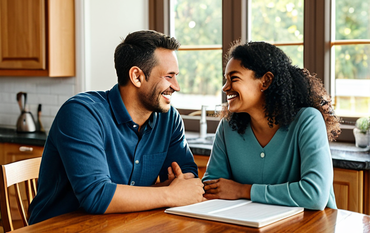A diverse couple, fully clothed in modest, comfortable attire, sitting at a kitchen table in a warm, inviting home. They are engaged in a calm, positive conversation, making eye contact and smiling gently. One partner is speaking with an appreciative expression, while the other is actively listening, nodding slightly. The scene emphasizes mutual respect and understanding. Soft morning light streams through a window. safe for work, appropriate content, fully clothed, family-friendly, perfect anatomy, correct proportions, natural pose, well-formed hands, proper finger count, natural body proportions, professional photography, high quality.