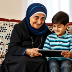 A warm, inviting scene featuring a wise-looking Turkish grandmother with a gentle, serene smile, fully clothed in modest traditional attire. She is sitting comfortably on a patterned sofa in a well-lit living room of a traditional Turkish home, softly guiding her grandchild (a child around 8-10 years old, also fully clothed in appropriate attire) as they both look at a tablet. The background includes cultural decorative elements like embroidered cushions and potted plants, creating a cozy and family-friendly atmosphere. The focus is on the intergenerational connection and shared learning. This image should showcase perfect anatomy, correct proportions, natural poses, well-formed hands, and proper finger count, ensuring natural body proportions. The overall image should convey a professional photography quality, high quality, and be ultra-detailed. safe for work, appropriate content, professional.