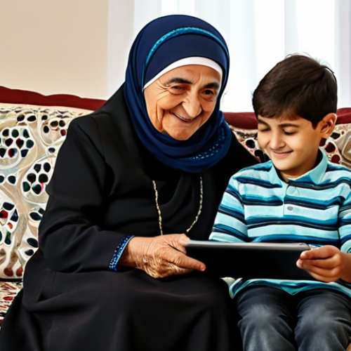 A warm, inviting scene featuring a wise-looking Turkish grandmother with a gentle, serene smile, fully clothed in modest traditional attire. She is sitting comfortably on a patterned sofa in a well-lit living room of a traditional Turkish home, softly guiding her grandchild (a child around 8-10 years old, also fully clothed in appropriate attire) as they both look at a tablet. The background includes cultural decorative elements like embroidered cushions and potted plants, creating a cozy and family-friendly atmosphere. The focus is on the intergenerational connection and shared learning. This image should showcase perfect anatomy, correct proportions, natural poses, well-formed hands, and proper finger count, ensuring natural body proportions. The overall image should convey a professional photography quality, high quality, and be ultra-detailed. safe for work, appropriate content, professional.