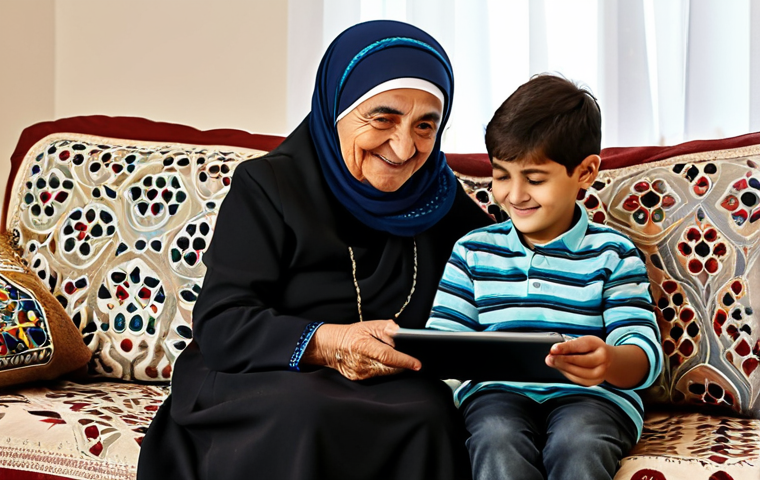 A warm, inviting scene featuring a wise-looking Turkish grandmother with a gentle, serene smile, fully clothed in modest traditional attire. She is sitting comfortably on a patterned sofa in a well-lit living room of a traditional Turkish home, softly guiding her grandchild (a child around 8-10 years old, also fully clothed in appropriate attire) as they both look at a tablet. The background includes cultural decorative elements like embroidered cushions and potted plants, creating a cozy and family-friendly atmosphere. The focus is on the intergenerational connection and shared learning. This image should showcase perfect anatomy, correct proportions, natural poses, well-formed hands, and proper finger count, ensuring natural body proportions. The overall image should convey a professional photography quality, high quality, and be ultra-detailed. safe for work, appropriate content, professional.